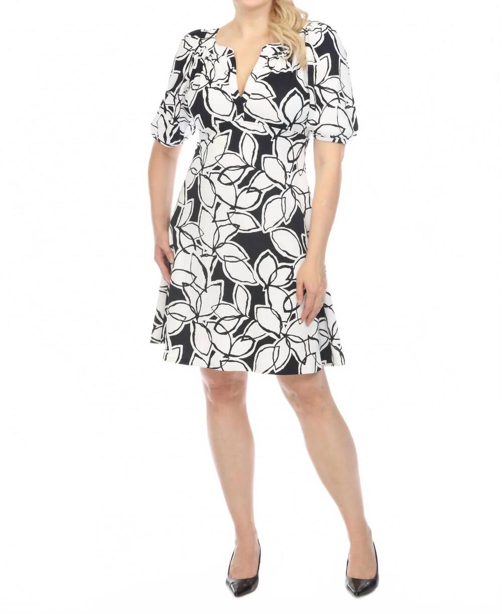 NEW JOSEPH RIBKOFF floral print puff sleeve a-line dress in midnight blue/vanill